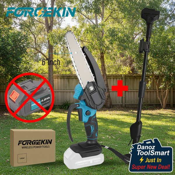 FORGEKIN cordless pruning saw with an extension pole, shown on a white background with a FORGEKIN logo, a cardboard box, a red plus sign, and a crossed-out battery icon indicating no battery is included.