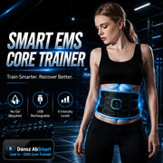 A woman in a black sports bra and leggings wears a smart EMS core trainer around her waist. The device has a black textured design with glowing blue LED light accents and a central control screen.