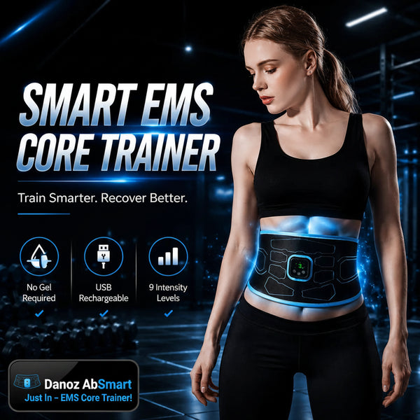 A woman in a black sports bra and leggings wears a smart EMS core trainer around her waist. The device has a black textured design with glowing blue LED light accents and a central control screen.