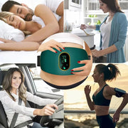 Collage of a woman using a device, a couple sleeping, a woman cooking, a woman driving, and a woman exercising.