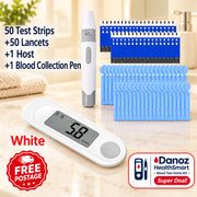 Diabetes testing kit with lancets, test strips, and a blood collection pen on a white background.