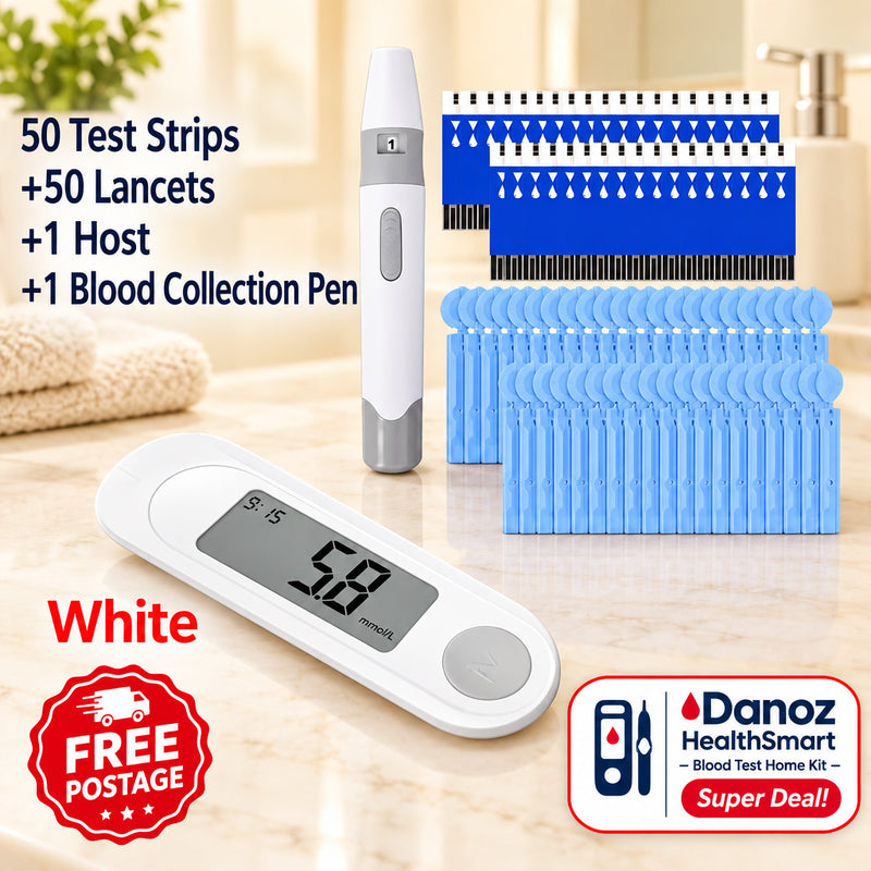 Diabetes testing kit with lancets, test strips, and a blood collection pen on a white background.