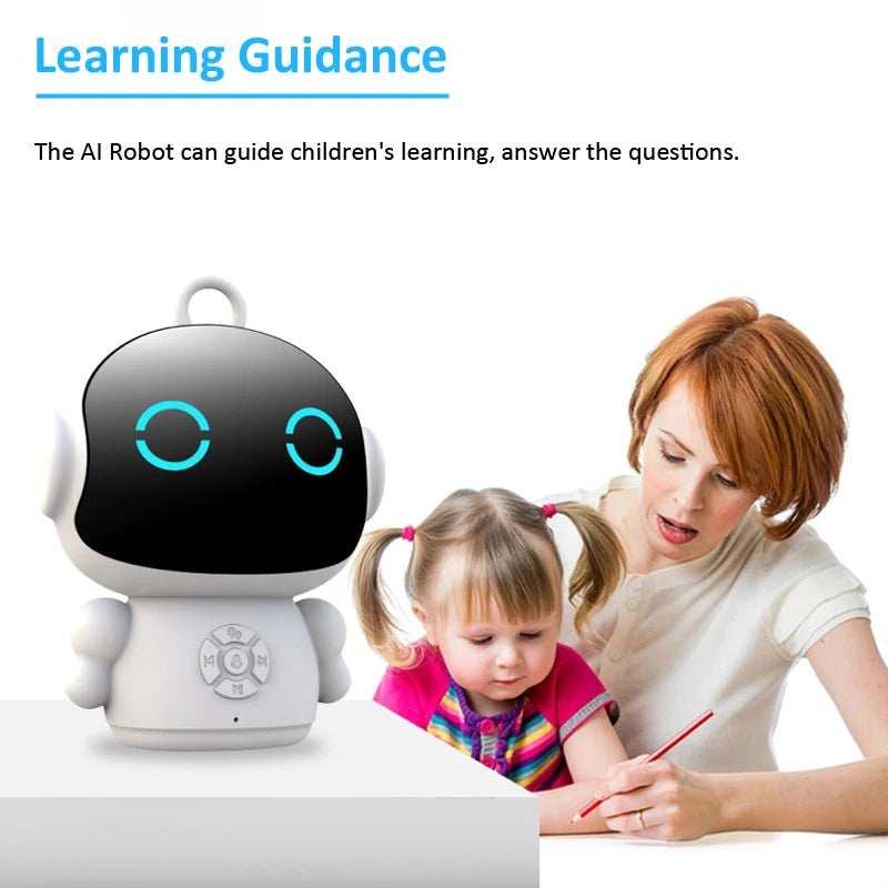 AI robot with a woman and child sitting together, indicating educational use.