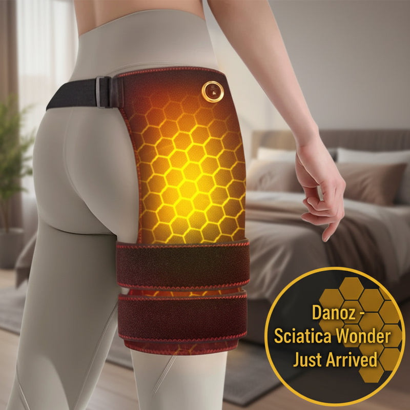 Person wearing a heated knee brace with honeycomb design on a white background