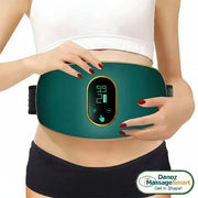 Person wearing a teal waist trimmer with digital display on a white background