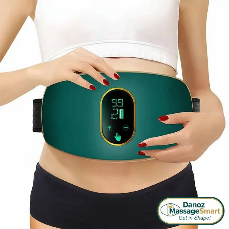 Person wearing a teal waist trimmer with digital display on a white background