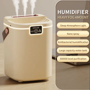 Beige humidifier with features listed on a gray background