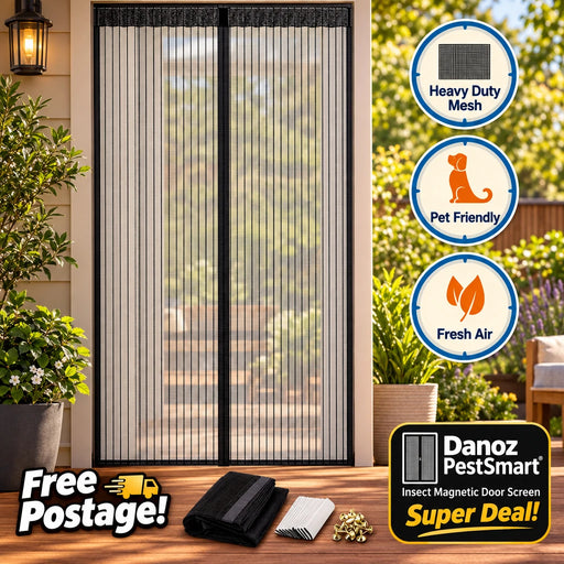Magnetic screen door with features highlighted on a white background
