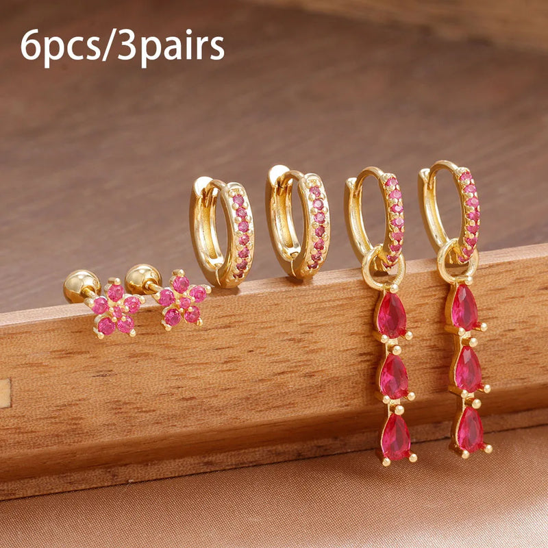 Danoz JewelrySmart - 6pcs Luxury Rose Red Zircon Stainless Steel Water Drop Hoop Earring For Women 14K Gold Plated Huggie Women's Piercing Jewelry
