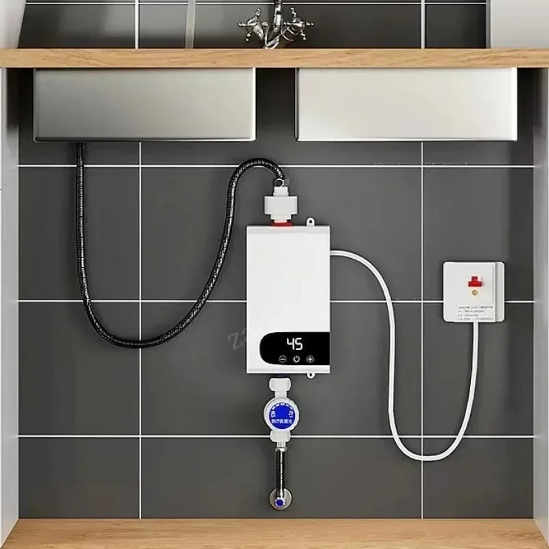 Water heater attached to a wall with plumbing in a bathroom setting