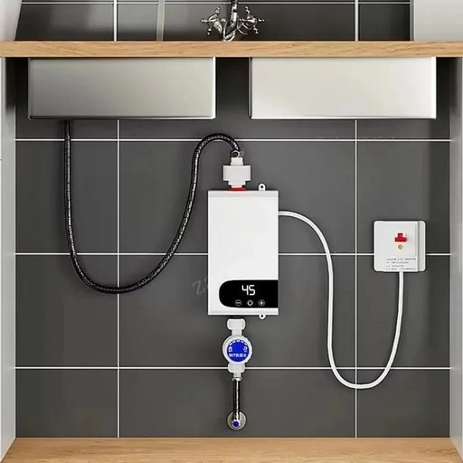 Water heater attached to a wall with plumbing in a bathroom setting