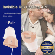 Promotional graphic for an invisible CIC hearing aid. The left side has a blue background with text reading 'Invisible CIC Hearing Aid', 'Comfortable to wear', 'clear voice', and '1Pair', alongside a rendering of the hearing aid.