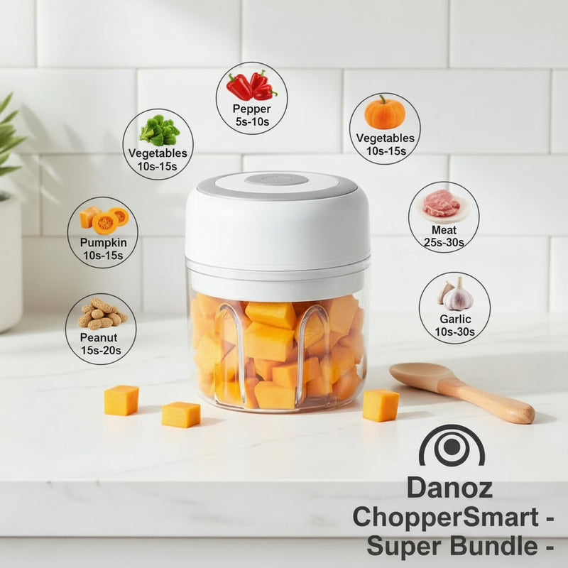 Handheld food chopper with time guides for different ingredients on a colorful background