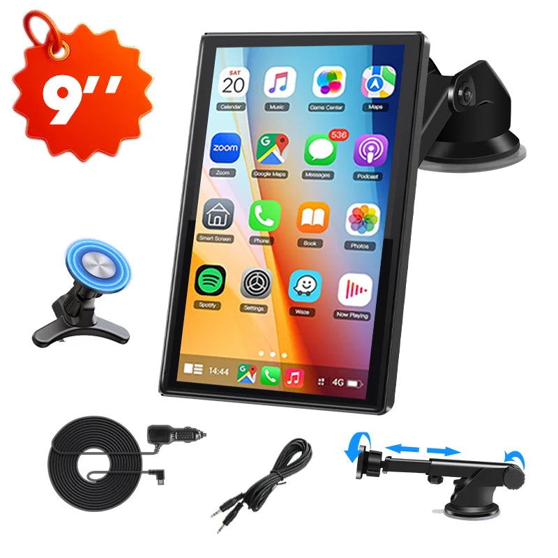 9-inch touchscreen display with app icons, car mount, and accessories on a white background