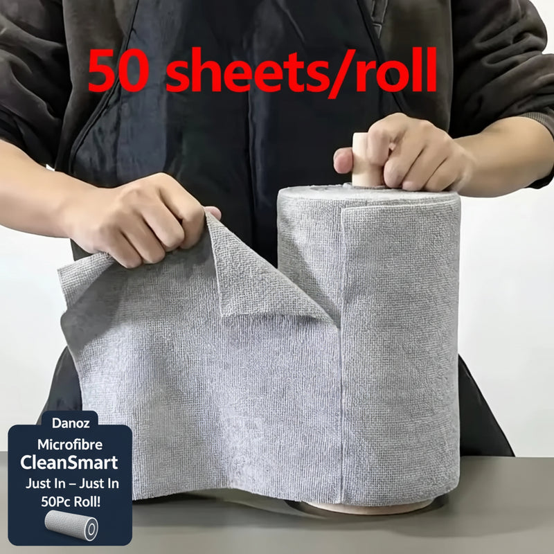 A person wearing a dark apron is peeling back a sheet of gray textured fabric from a roll, with red text overlay reading '50 sheets/roll' at the top. The fabric appears to be the product being sold.