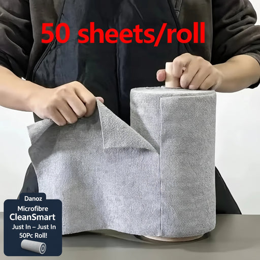 A person wearing a dark apron is peeling back a sheet of gray textured fabric from a roll, with red text overlay reading '50 sheets/roll' at the top. The fabric appears to be the product being sold.