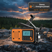 Orange and black portable radio with antenna and multiple ports on a white background