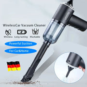 Wireless car vacuum cleaner with features highlighted on a light gray background