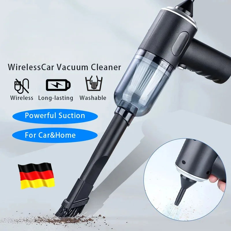Wireless car vacuum cleaner with features highlighted on a light gray background