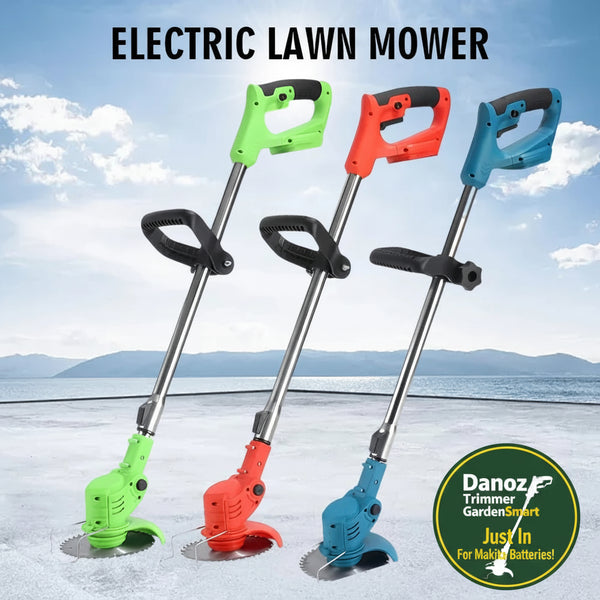 Three electric lawn mowers in green, red, and blue with a scenic background.