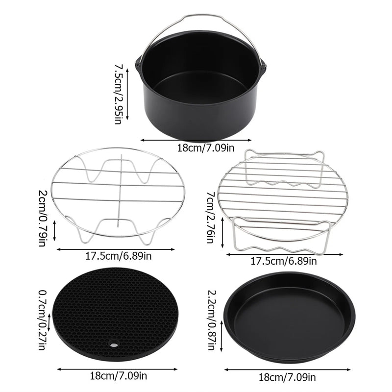 Danoz CookSmart - 7Inch 5Pc set Air Fryer Accessories Kit Pizza Pan Cake Barrel Metal Holder Cooking Tools Universal Air Fryer Accessories