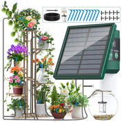 Solar-powered plant watering system with a solar panel and various plants on a white background.