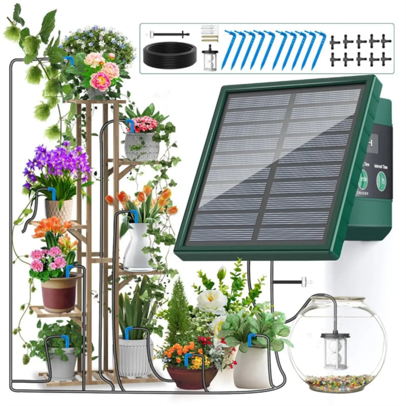 Solar-powered plant watering system with a solar panel and various plants on a white background.