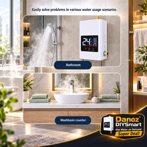 Digital water heater in a bathroom setting with text indicating its use in various water usage scenarios.