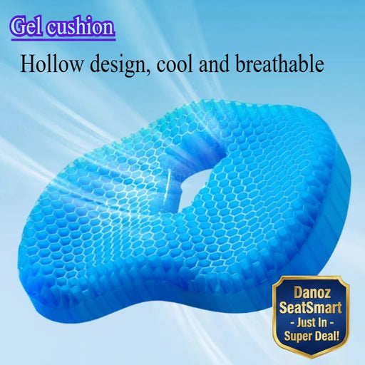Blue gel cushion with honeycomb design on a light blue background