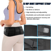 A woman wearing a black hip joint support belt, shown from the back, with product feature text on the right and three close-up inset views of the belt material and closure. The product being sold is the support strap/belt, not the model's clothing.