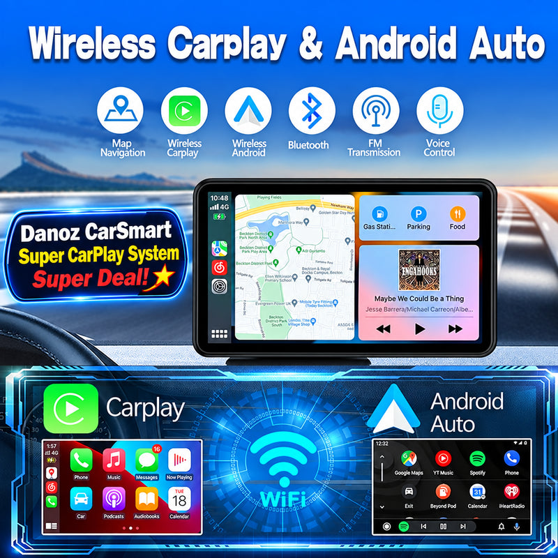 Car dashboard with a navigation system displaying Carplay and Android Auto interfaces.