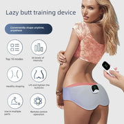 A promotional graphic for a lazy butt training device showing a woman from the back wearing a light blue and pink waist trainer device, with a hand holding a small remote control. Text on the left lists features like top 10 modes, 30 levels of intensity, healthy shaping, and remote control operation.