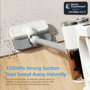 Vacuum cleaner cleaning a floor with text highlighting strong suction power.