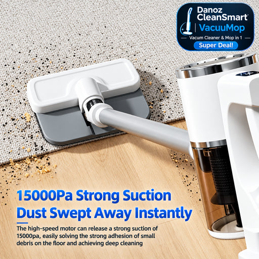 Vacuum cleaner cleaning a floor with text highlighting strong suction power.