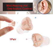 Mini hearing aids shown on a white background with a hand holding one, a larger view of the left earpiece, a larger view of the right earpiece, and a circular inset showing the hearing aid inside an ear. Text reads 'Mini Hearing Aid One-button Control' and '1Pair'.
