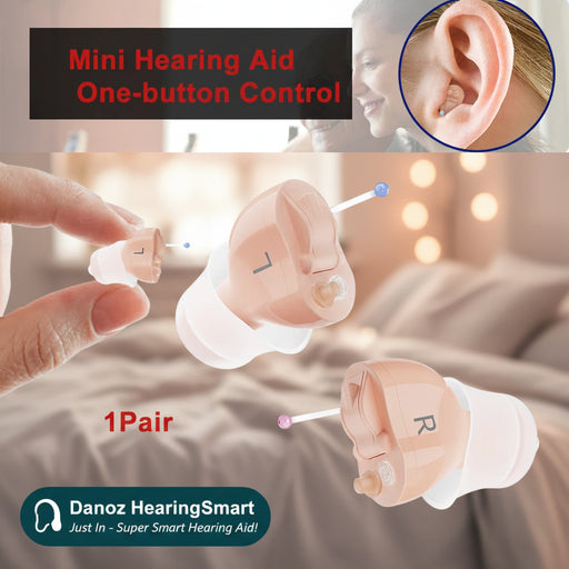 Mini hearing aids shown on a white background with a hand holding one, a larger view of the left earpiece, a larger view of the right earpiece, and a circular inset showing the hearing aid inside an ear. Text reads 'Mini Hearing Aid One-button Control' and '1Pair'.