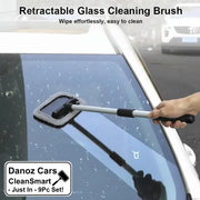 A retractable glass cleaning brush being used to wipe a wet car windshield, with a hand holding the long handle. Text at the top reads 'Retractable Glass Cleaning Brush' and 'Wipe effortlessly, easy to clean.