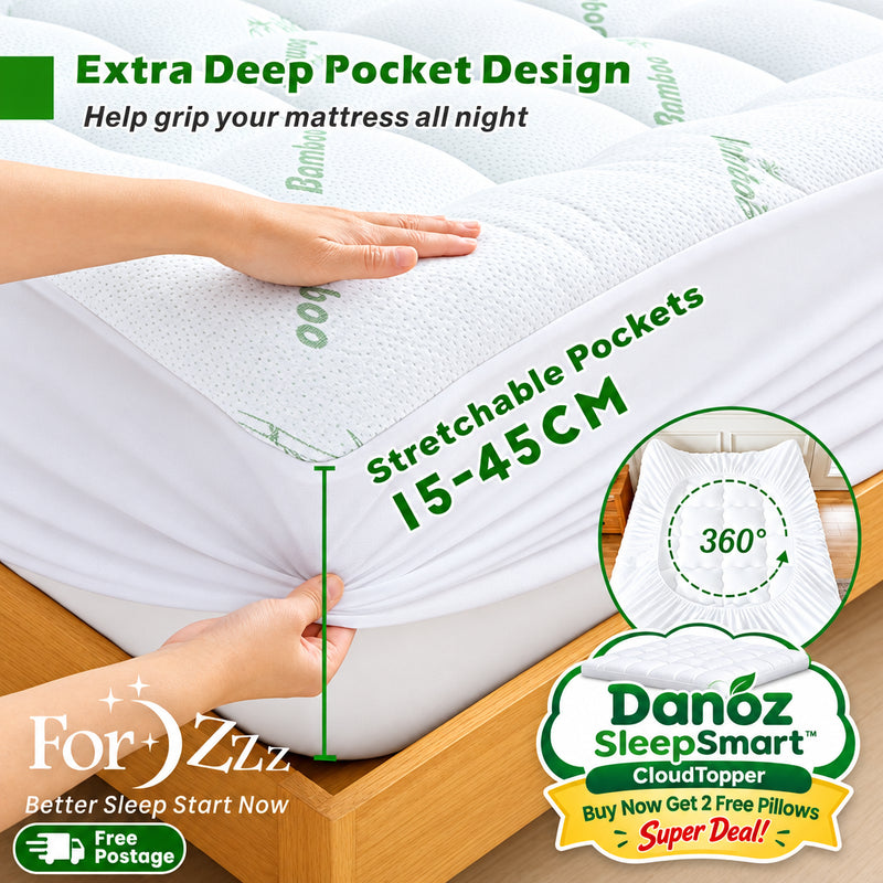A white mattress topper with stretchable pockets shown fitted over a mattress in a bedroom setting, with hands demonstrating the pocket depth and a circular inset showing the pocket opening. Green and white text highlights the extra deep pocket design, 15-45 cm stretchable pockets, and 360-degree opening.