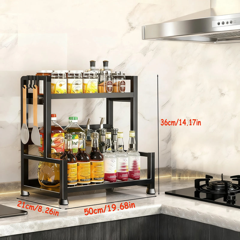 Danoz StoreSmart - 2-3 Tier Adjustable Metal Spice Rack Storage Box, Freestanding Multifunctional Kitchen Storage Rack, with Spice Protection and Fixing Device, Kitchen Organizer and Storage, Sturdy Rack/Hook Structure, Knife