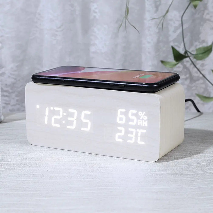 Danoz Exclusive - Digital Alarm Clock Wooden Temperature And Humidity Alarm Clock LED Electronic Clock Smartphone Wireless Charger