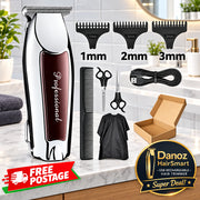 Hair trimmer set with attachments, scissors, cable, and other accessories on a white background