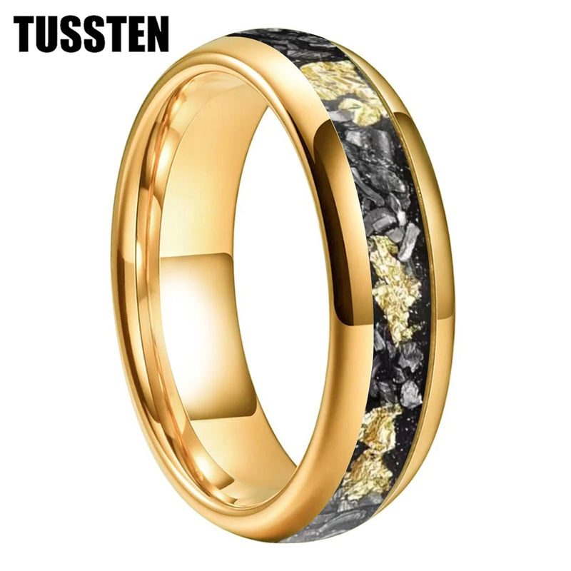 Danoz SmartRings - TUSSTEN 4/6/8MM Dome Edges Men and Women Fashion Engagement Wedding Band Meteorite Gold Foil Inlay Tungsten Carbide Rings