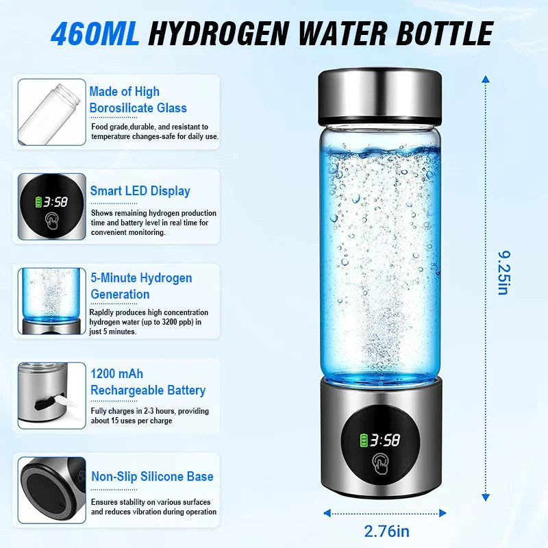 Danoz WaterSmart Hydrogen Water Generator Bottle 💧 | SPE+PEM Dual Chamber | PPB & Time Display | 460ml | 1200mAh | 5-Min Hydrogen Cycle | Self-Cleaning Mode | 3-Year Warranty!