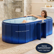 Woman relaxing in a blue portable bathtub in a bathroom.
