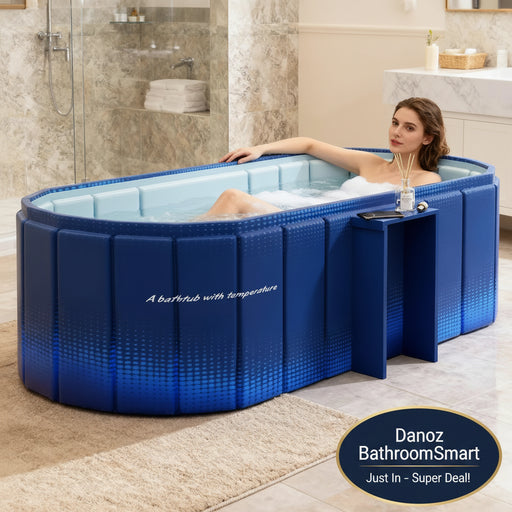 Woman relaxing in a blue portable bathtub in a bathroom.