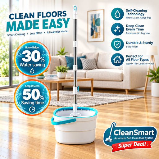 Woman using a mop with water saving and time-saving features in a room.