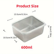 Rectangular plastic container with dimensions and capacity labeled on a white background