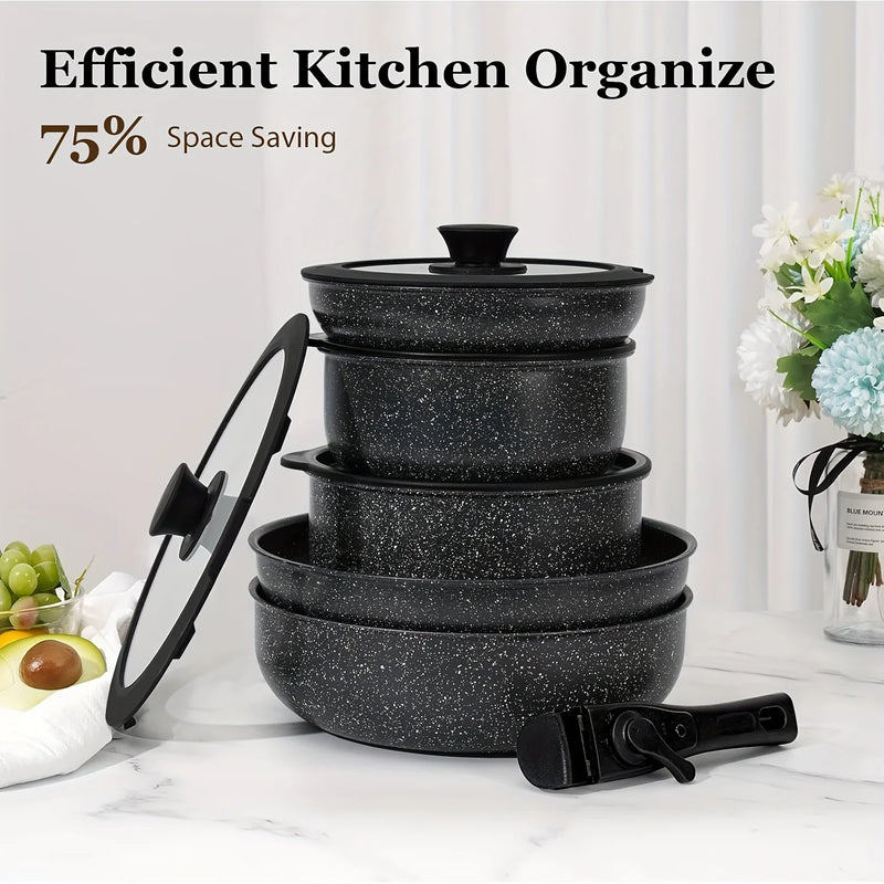 🍳 Danoz CookSmart | FlavorStone 15-Piece Non-Stick Cookware Set | Detachable Handles | Tempered Glass Lids | CE Certified | 5-Year Warranty | Black