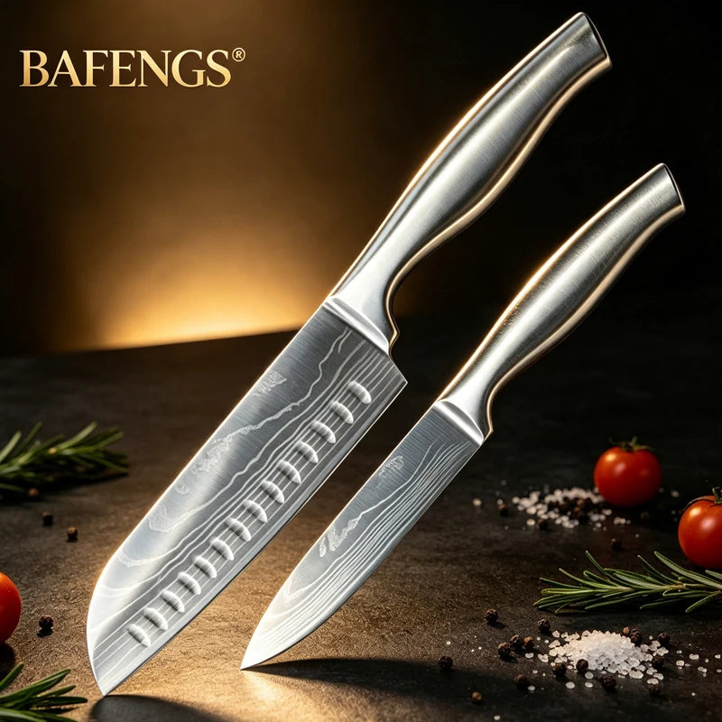 🔪 Danoz KnifeSmart | BAFENGS Professional Knife Set | Full Stainless Steel | Damascus Laser Pattern | Chef, Santoku, Bread & Utility | 2–5 Piece Options | Free Postage!