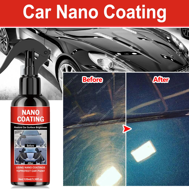 Car nano coating product with a before and after comparison on a car surface.
